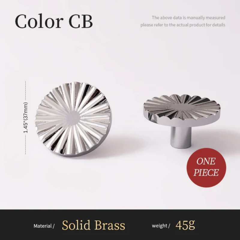 Two metallic knobs with specifications on a white background