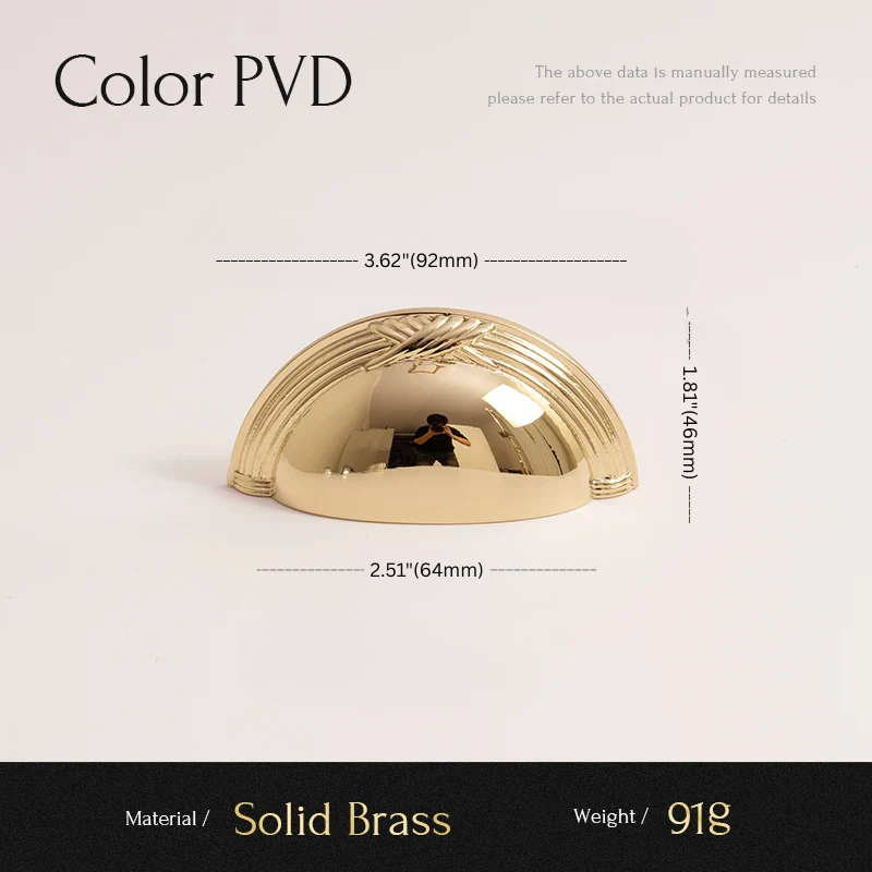 Gold-colored object with dimensions and material details on a light gray background