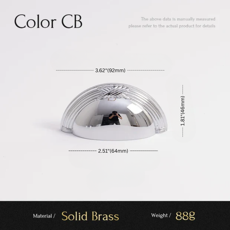 Measurement chart of a solid brass object with dimensions and material details.