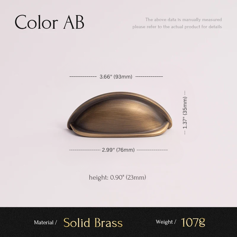 Measurement chart of a solid brass cabinet handle with dimensions and material details.