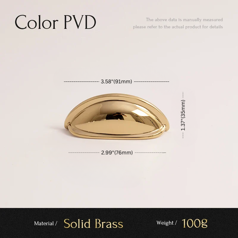 Gold cabinet handle with dimensions and material details on a light gray background