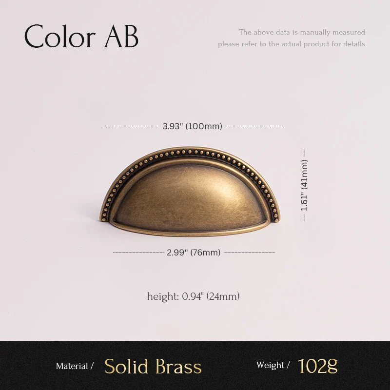 Measurement details of a solid brass cabinet handle on a light gray background