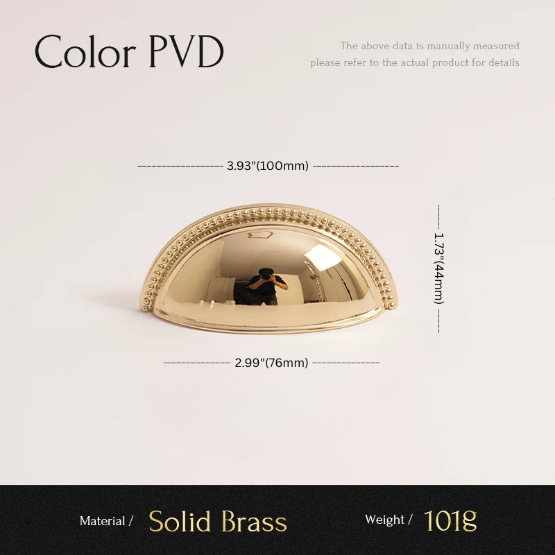 Gold-colored metallic object with dimensions and material details on a white background