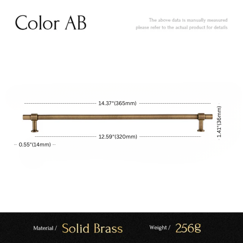 Measurement chart for a solid brass pull handle with dimensions and material details.
