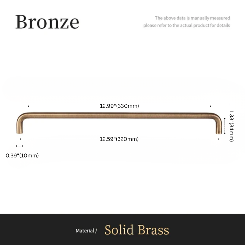 Measurement chart for a bronze cabinet handle with dimensions labeled.