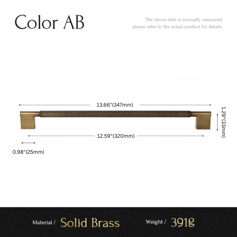 Measurement chart for a solid brass handle with dimensions and material details.
