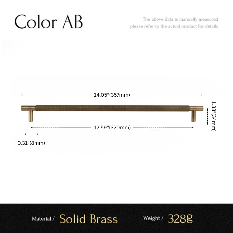 Measurement chart for a solid brass handle with dimensions and material details.