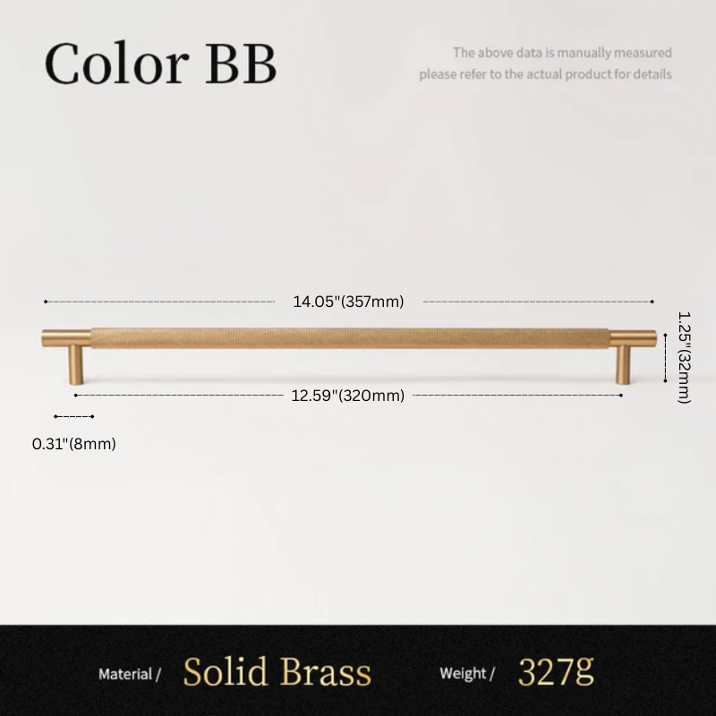Measurement chart for a solid brass handle with dimensions and material details.