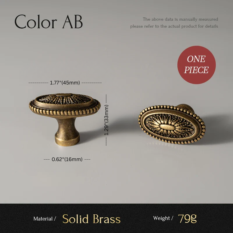 Solid brass cabinet knob with measurements and material details on a gray background