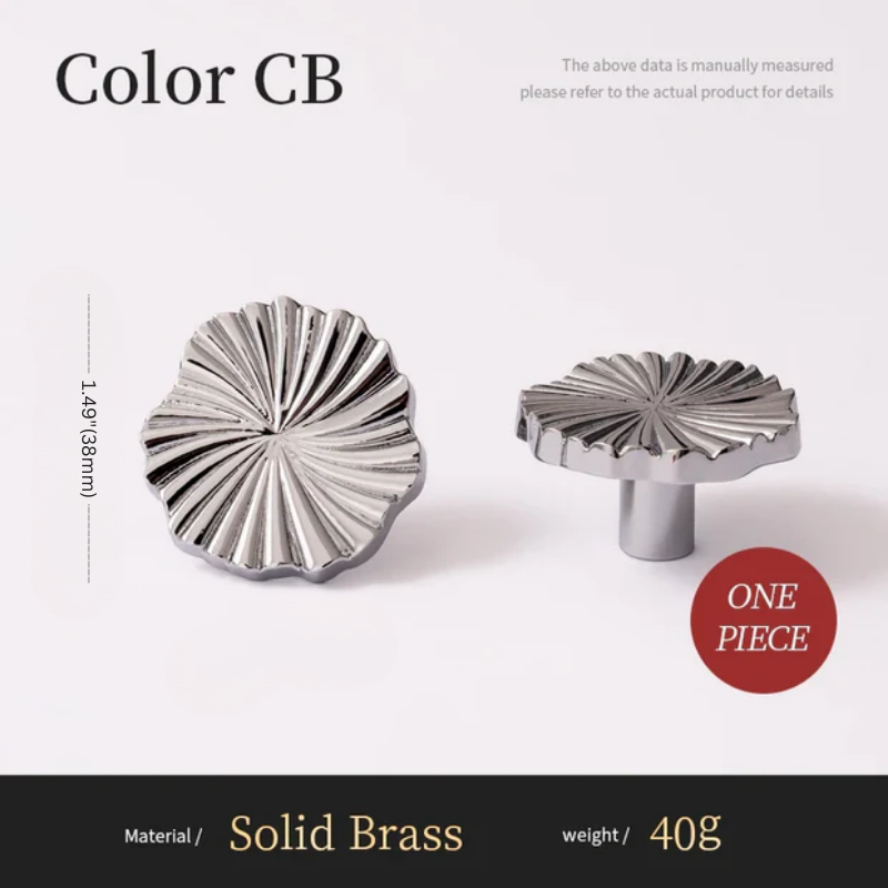 Two metallic knobs with dimensions and material details on a white background