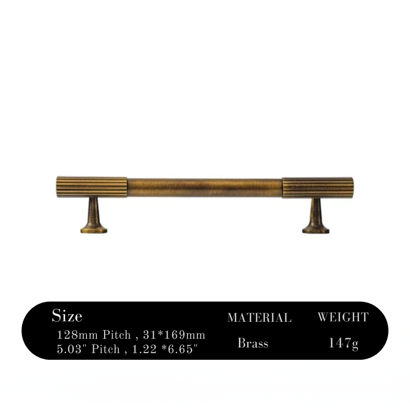 Brass cabinet handle with technical specifications on a white background