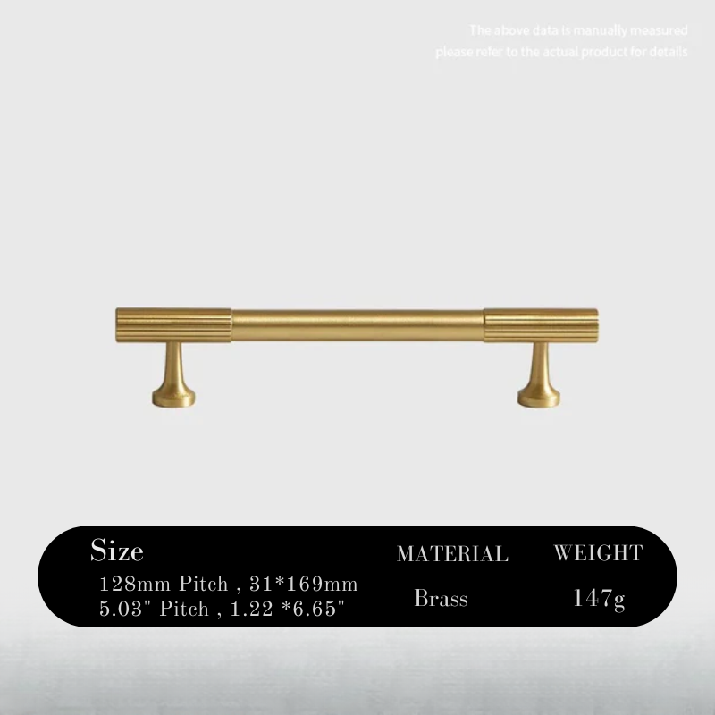 Gold cabinet handle with specifications on a light gray background