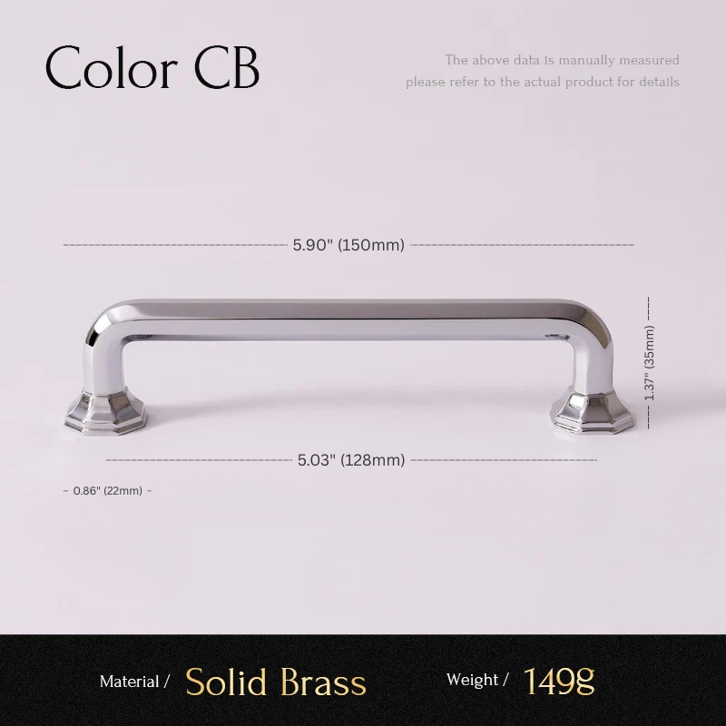 Chrome cabinet handle with dimensions and material details on a light gray background