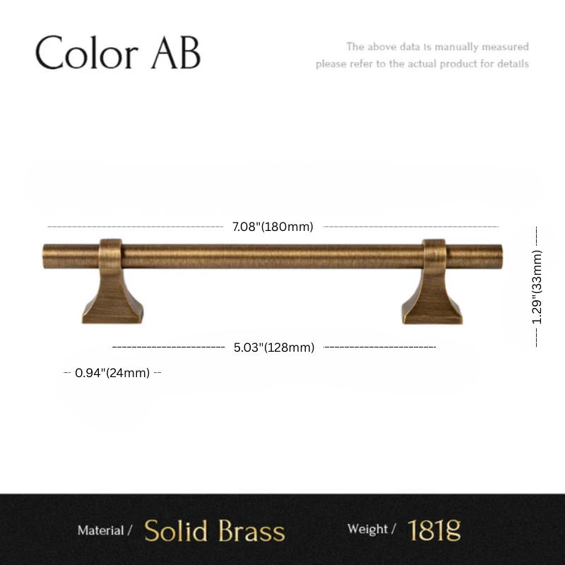 Measurement chart of a solid brass cabinet handle with dimensions and material details.