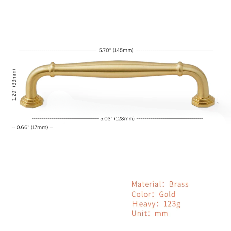 Gold cabinet handle with dimensions and material details on a white background