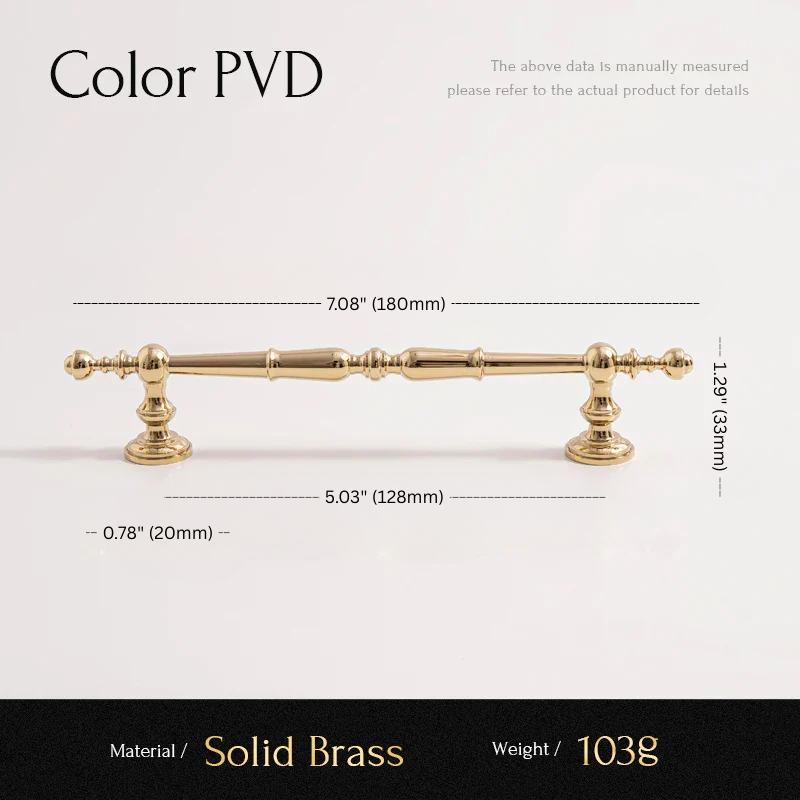 Gold cabinet handle with dimensions and material details on a white background