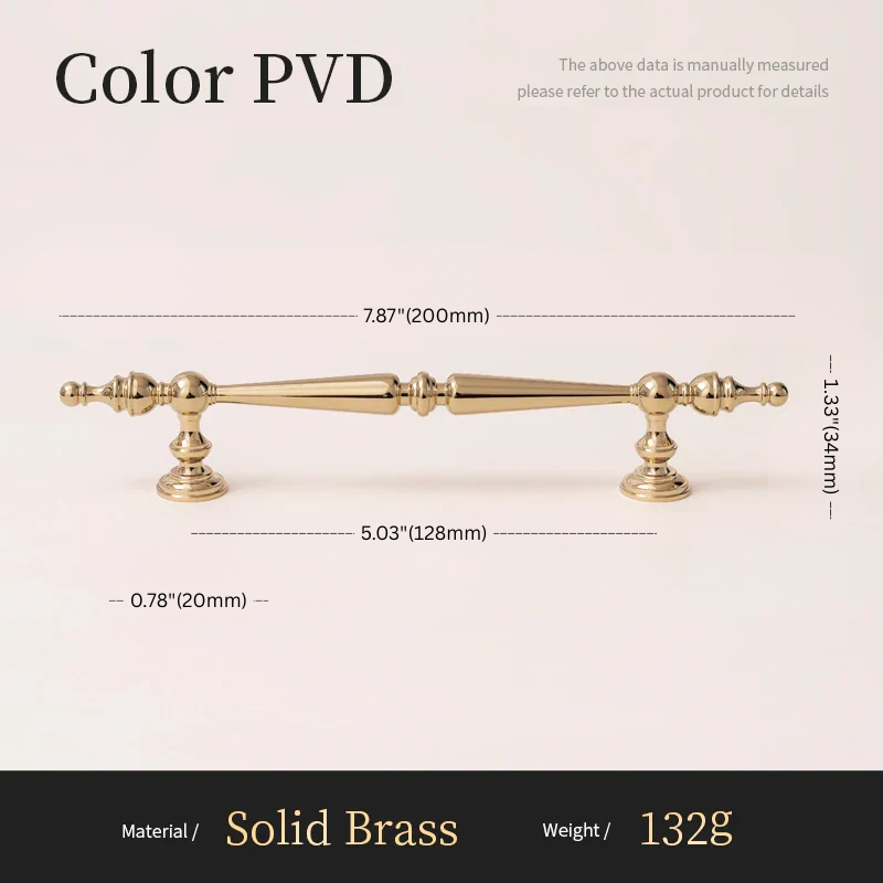Solid brass handle with dimensions and material details on a white background