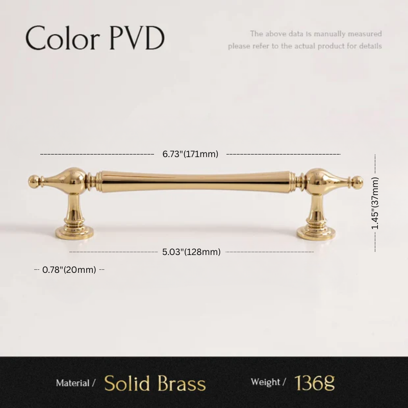 Gold cabinet handle with dimensions and material details on a white background