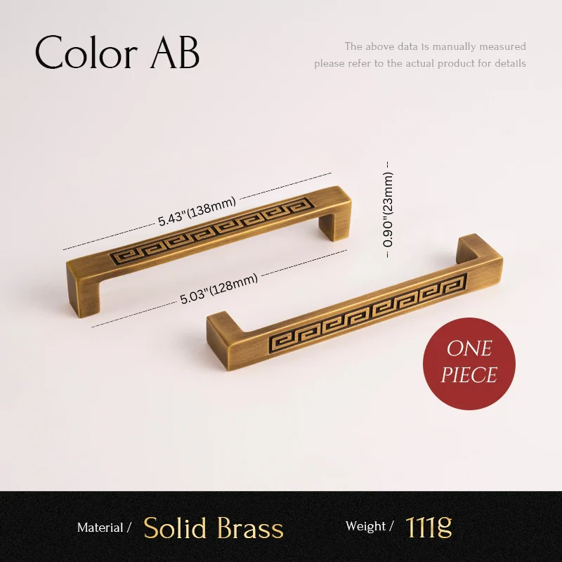 Two solid brass cabinet handles with measurements on a light gray background