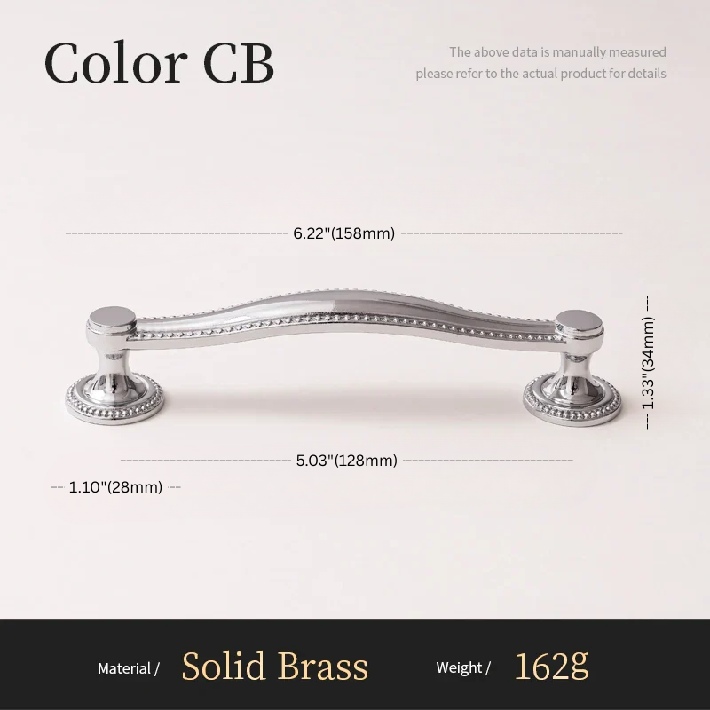 Cabinet handle with dimensions and material details on a white background