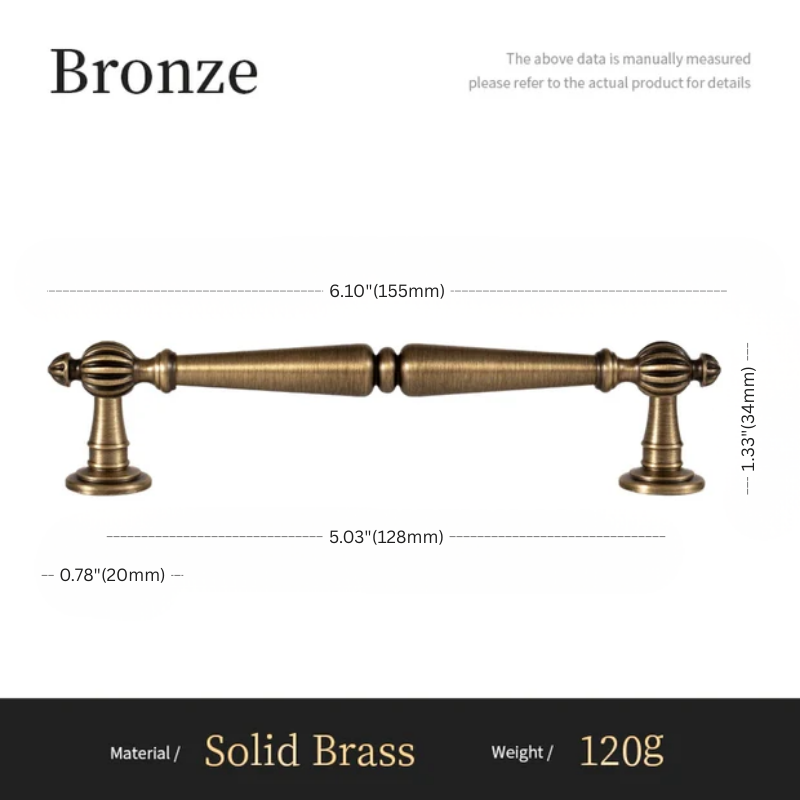 Bronze cabinet handle with dimensions and material details on a white background