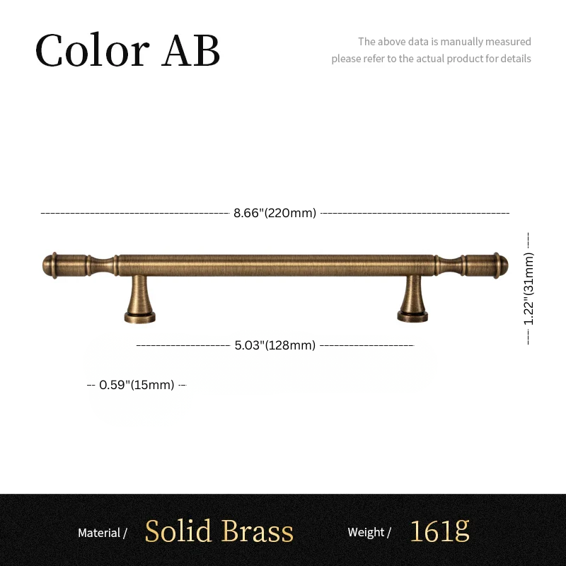 Measurement chart for a solid brass cabinet handle with dimensions and material details.