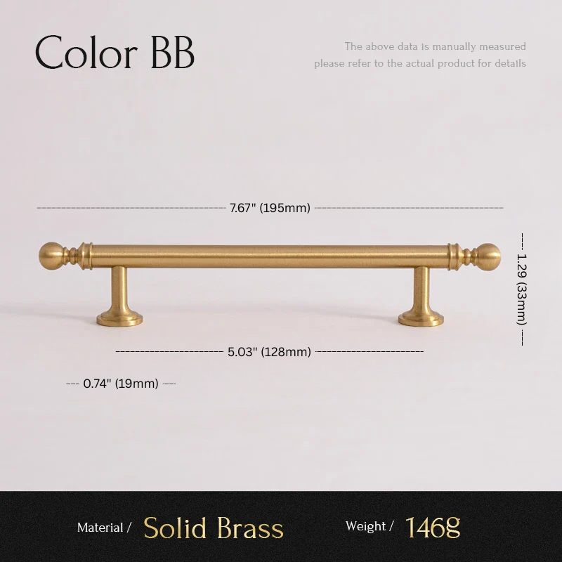 Gold cabinet handle with dimensions and material details on a light gray background