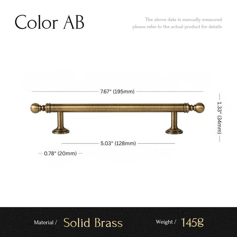 Brass cabinet handle with dimensions and material details on a white background