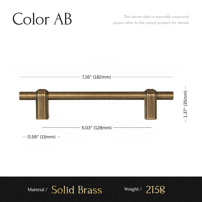 Solid brass handle with dimensions and material details on a white background