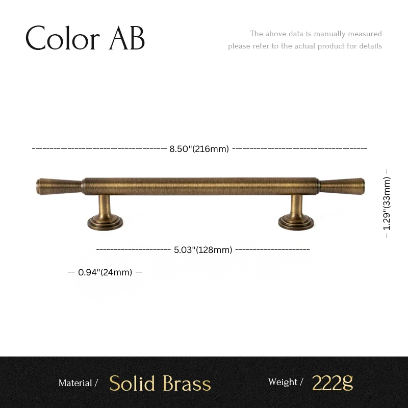 Measurement chart of a solid brass cabinet handle with dimensions and material details.