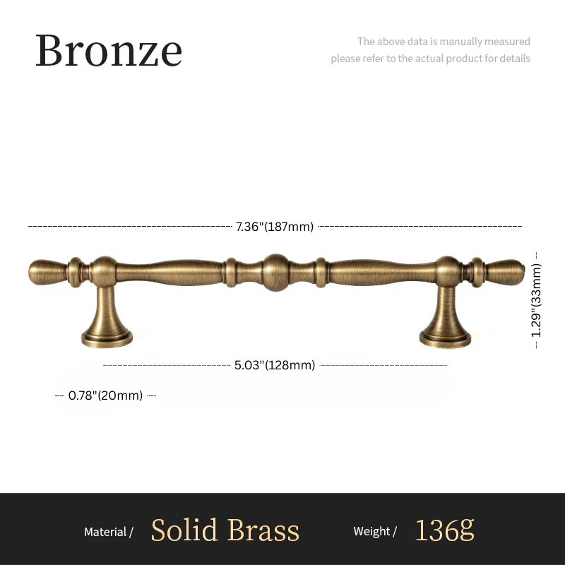 Bronze cabinet handle with dimensions and material details on a white background