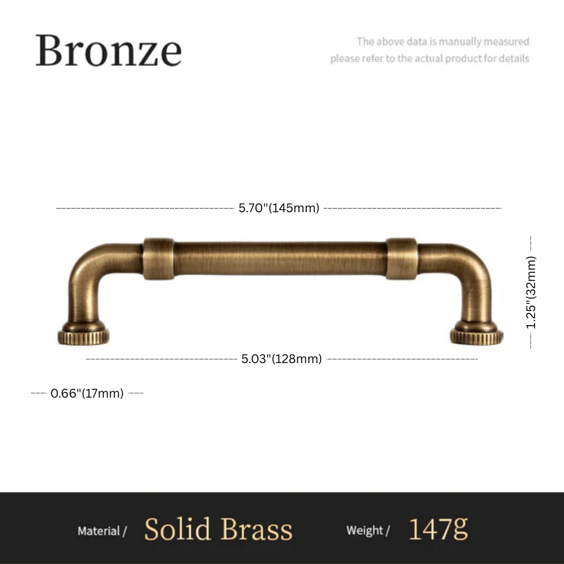 Bronze cabinet handle with dimensions and material details on a white background