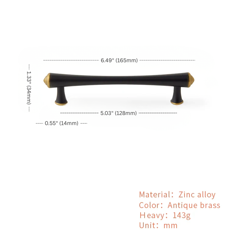 Black cabinet handle with measurements and material details on a white background
