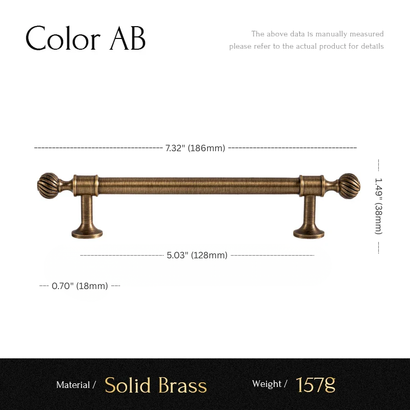 Measurement chart for a solid brass pull handle with dimensions and material details.