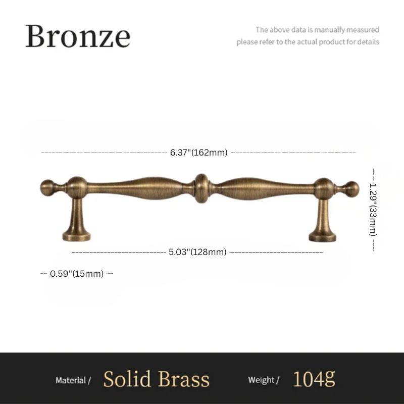 Bronze cabinet handle with dimensions and material details on a white background