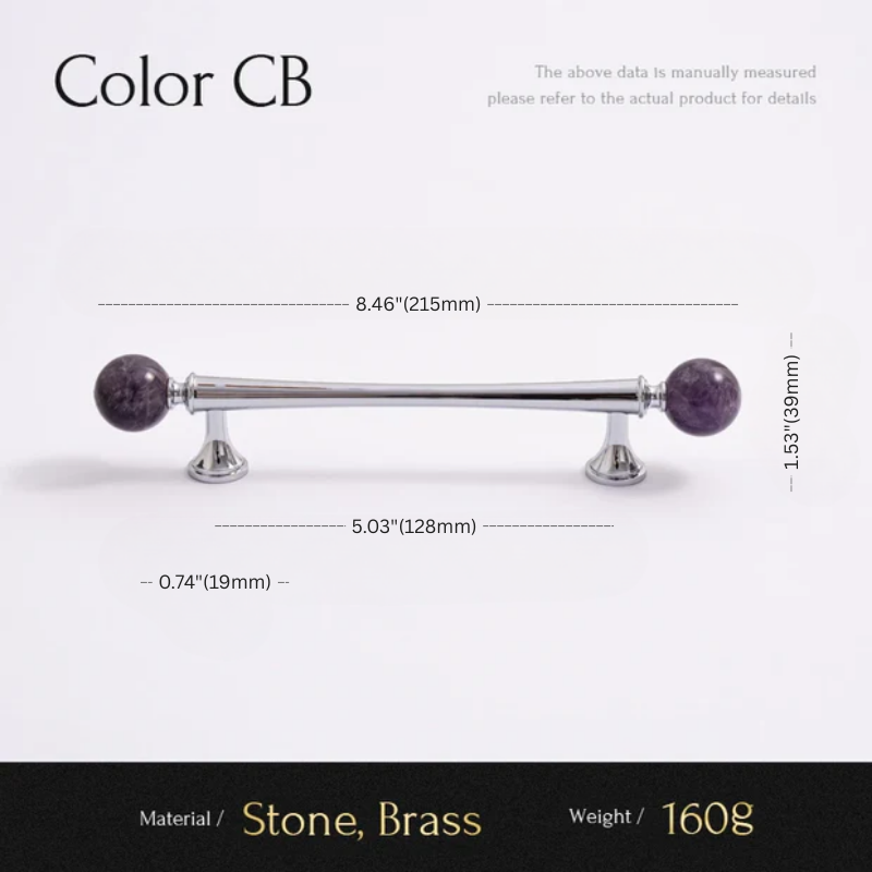 Measurement chart for a decorative bar with purple stone ends on a white background