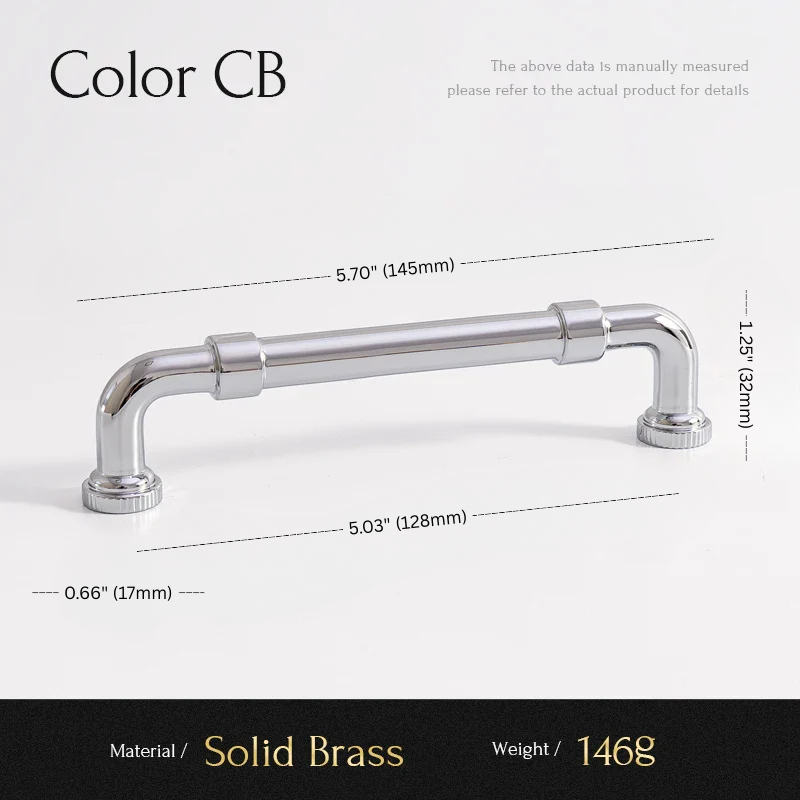 Chrome cabinet handle with dimensions and material details on a white background