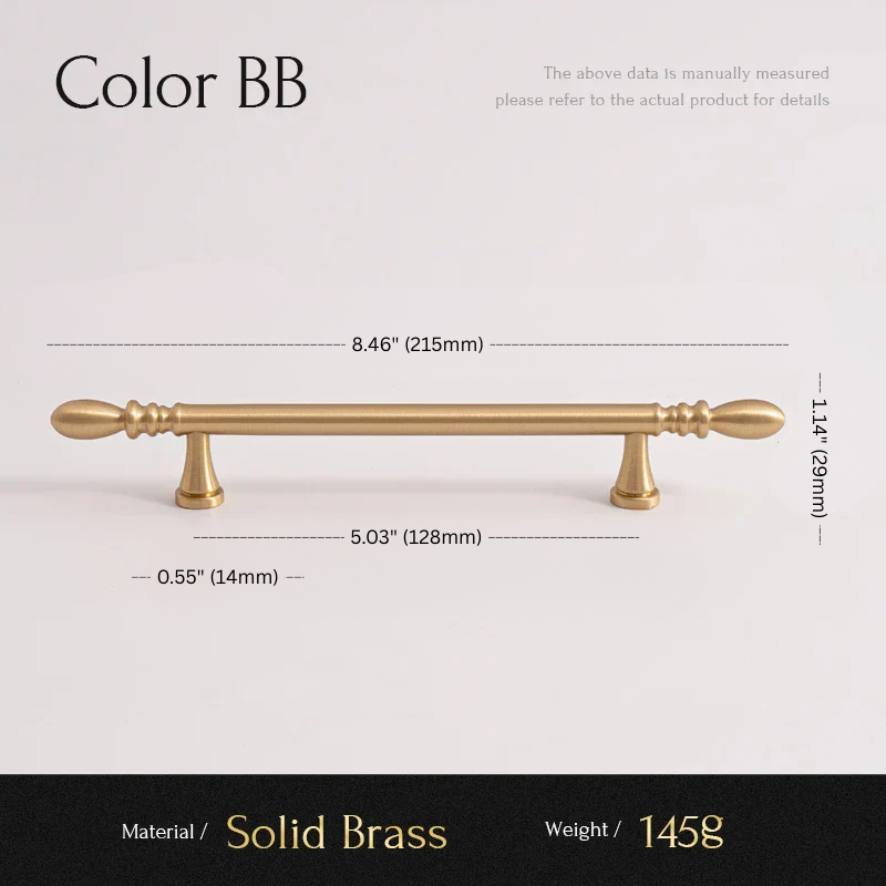Measurement chart of a solid brass cabinet handle with dimensions and material details.