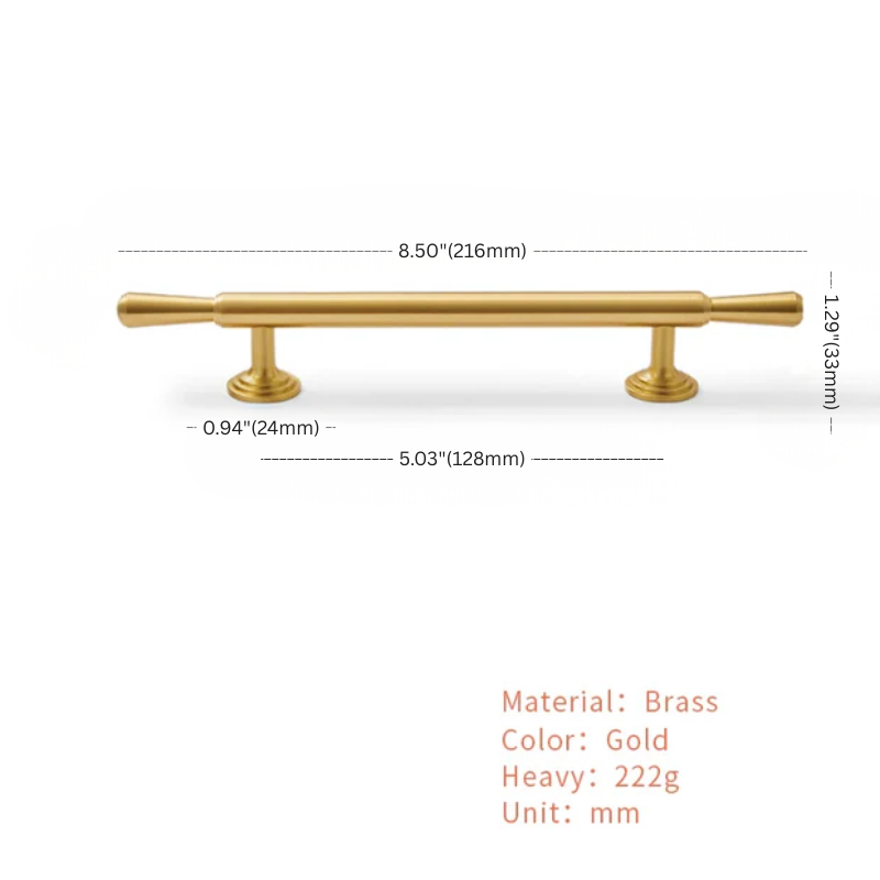 Gold cabinet handle with dimensions and material details on a white background