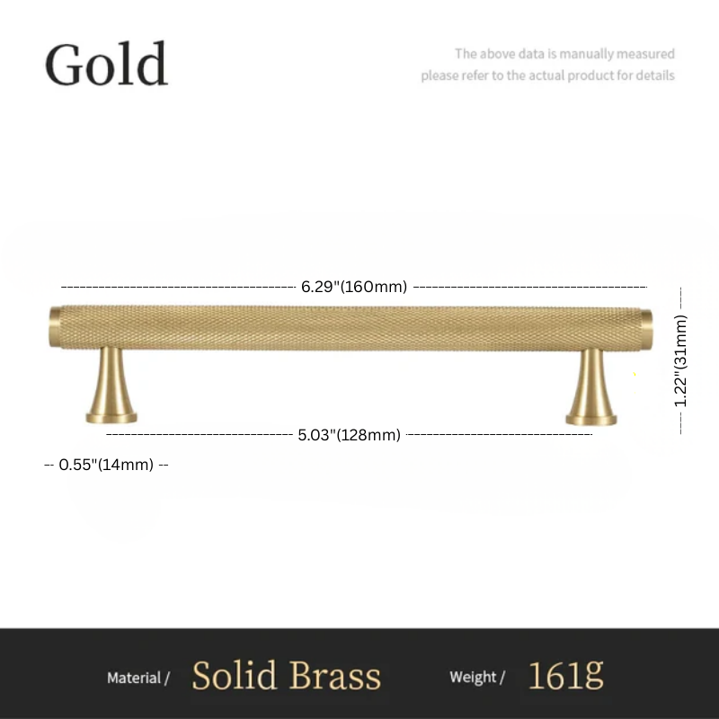 Gold cabinet handle with dimensions and material details on a white background