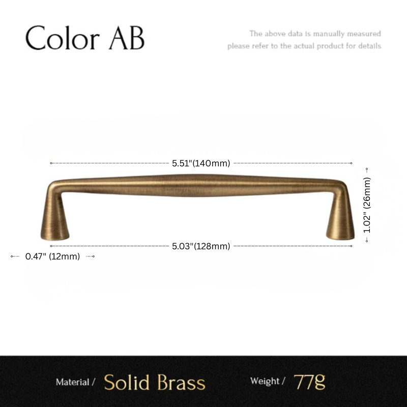 Measurement chart for a solid brass cabinet handle labeled 'Color AB' on a white background.