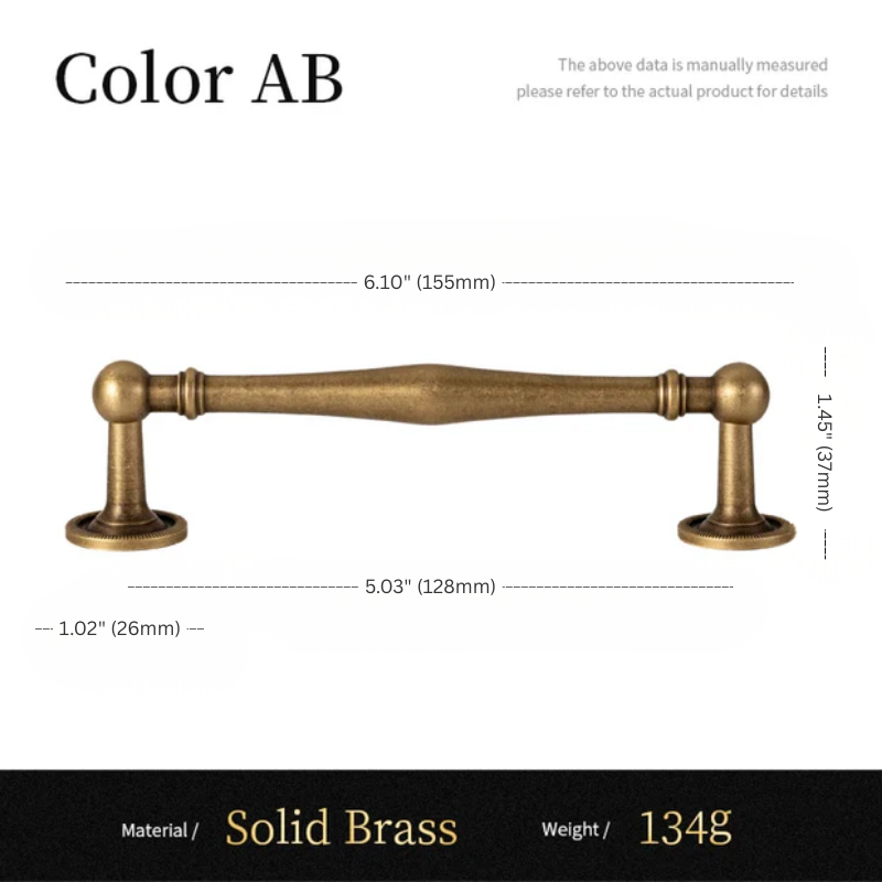 Measurement chart of a solid brass cabinet handle with dimensions and material details.