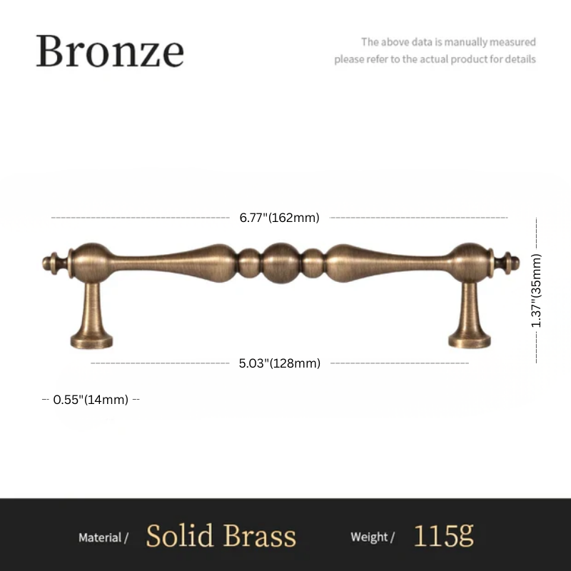 Bronze cabinet handle with dimensions and material details on a white background