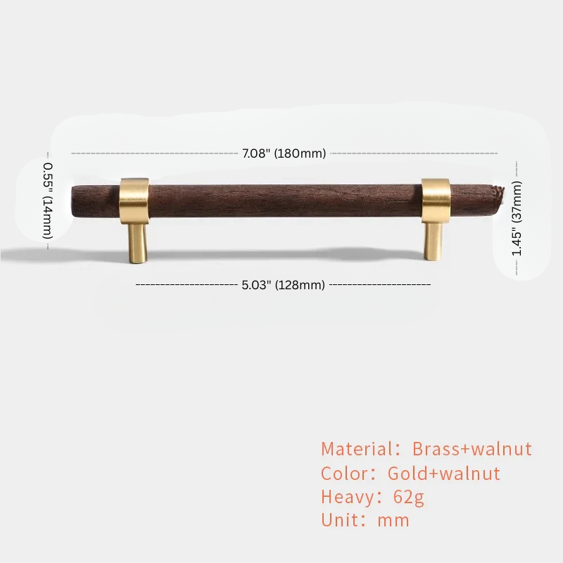 Wooden handle with brass accents and measurements on a white background