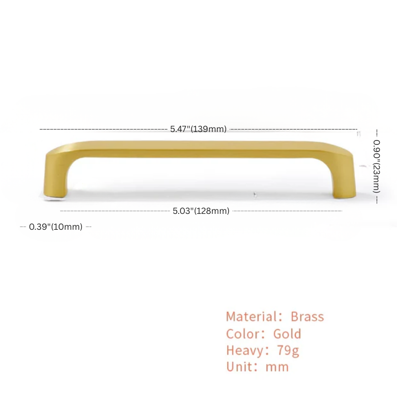 Gold handle with dimensions and material information on a white background