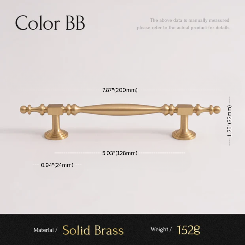 Solid brass handle with dimensions and material details on a white background