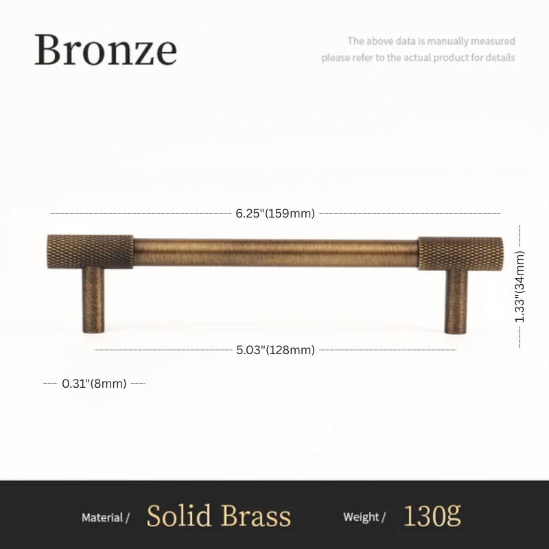 Measurement chart of a bronze cabinet handle with dimensions and material details.