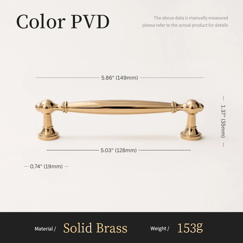 Gold cabinet handle with dimensions and material details on a white background