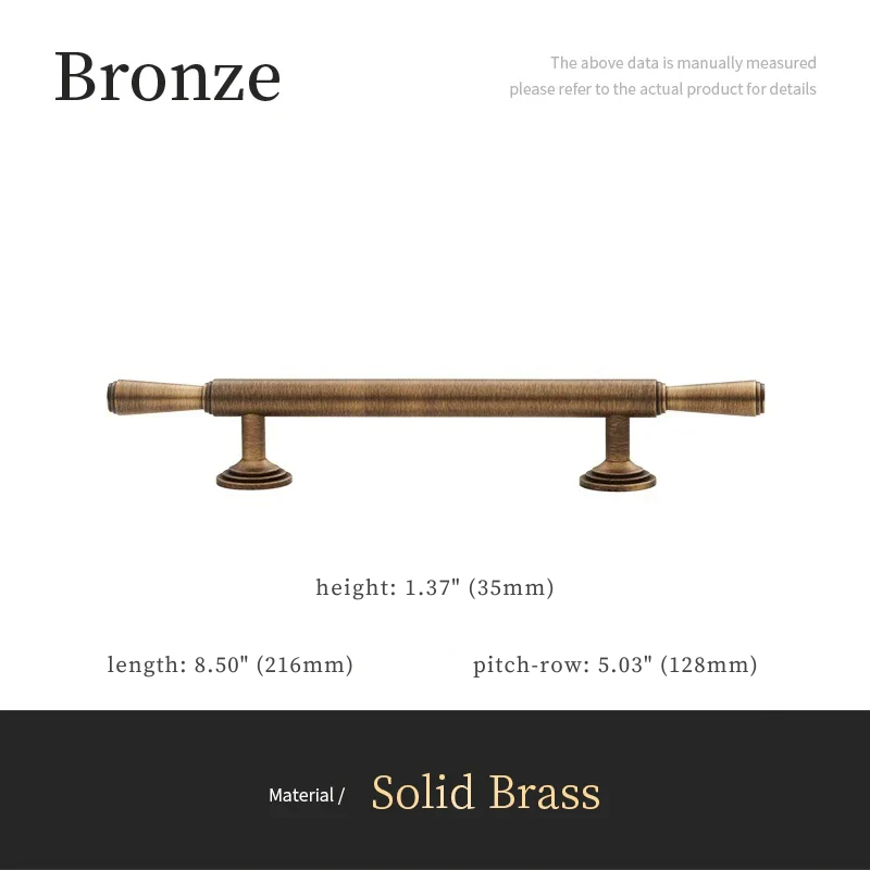 Bronze cabinet handle with dimensions on a white background