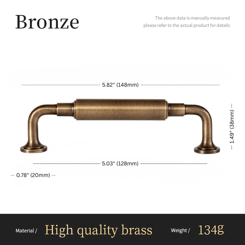 Bronze cabinet handle with dimensions and material details on a white background